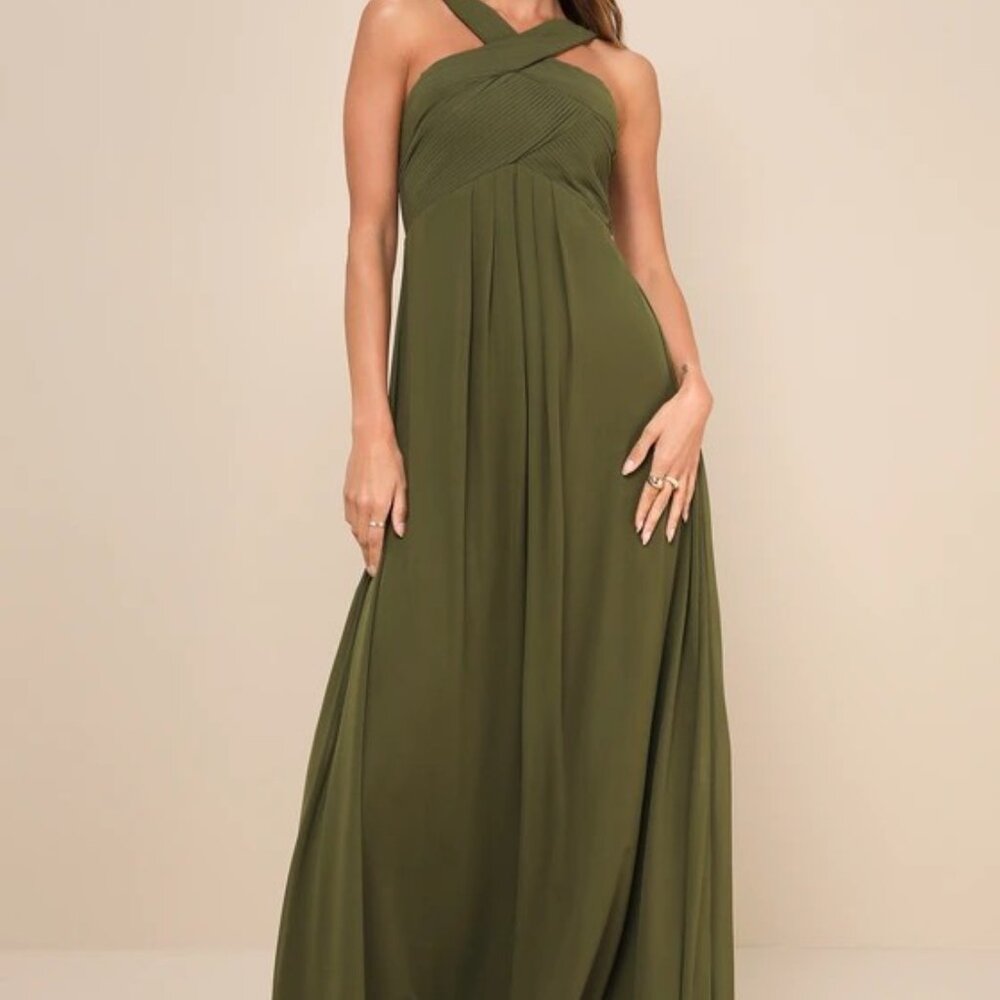 Lulu's Momentous Elegance Olive Green Pleated Halter Maxi Dress